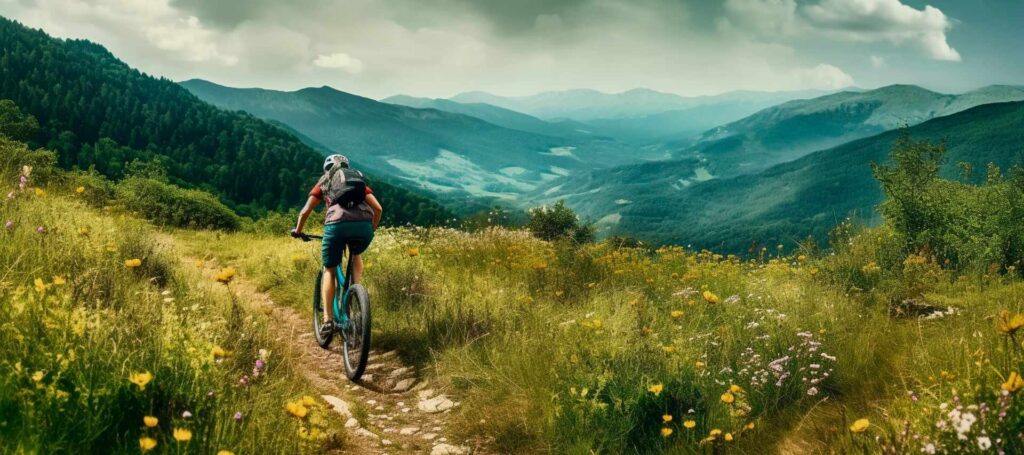 a man on a bicycle rides along a green mountain path with a gorgeous view of the forest and mountains