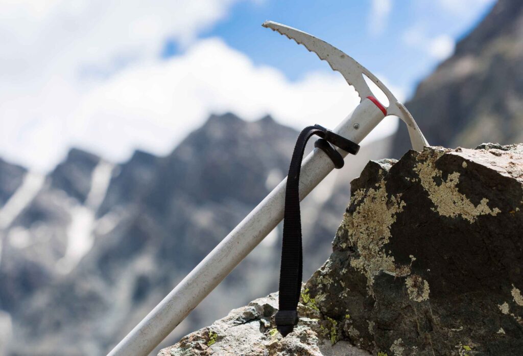 silver-colored icebreaker set in stone against a background of mountains