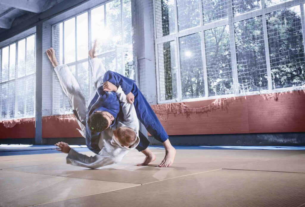 a spectacular judo match where one fighter throws the other over his shoulder