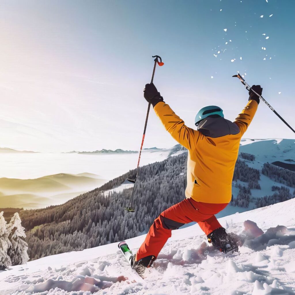 photo of a man on skis in an orange jacket, red pants and a blue helmet who is standing at the top of the ski slope with his hands up and happy, with an incredible view in the background