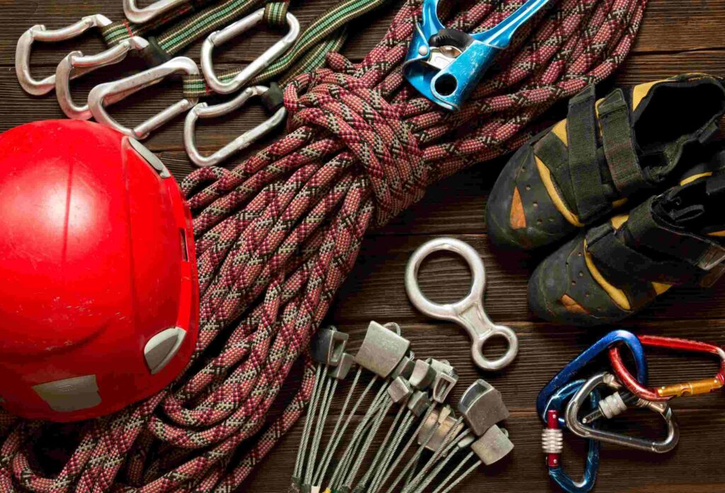 climbing equipment - helmet, hooks, ropes, shoes