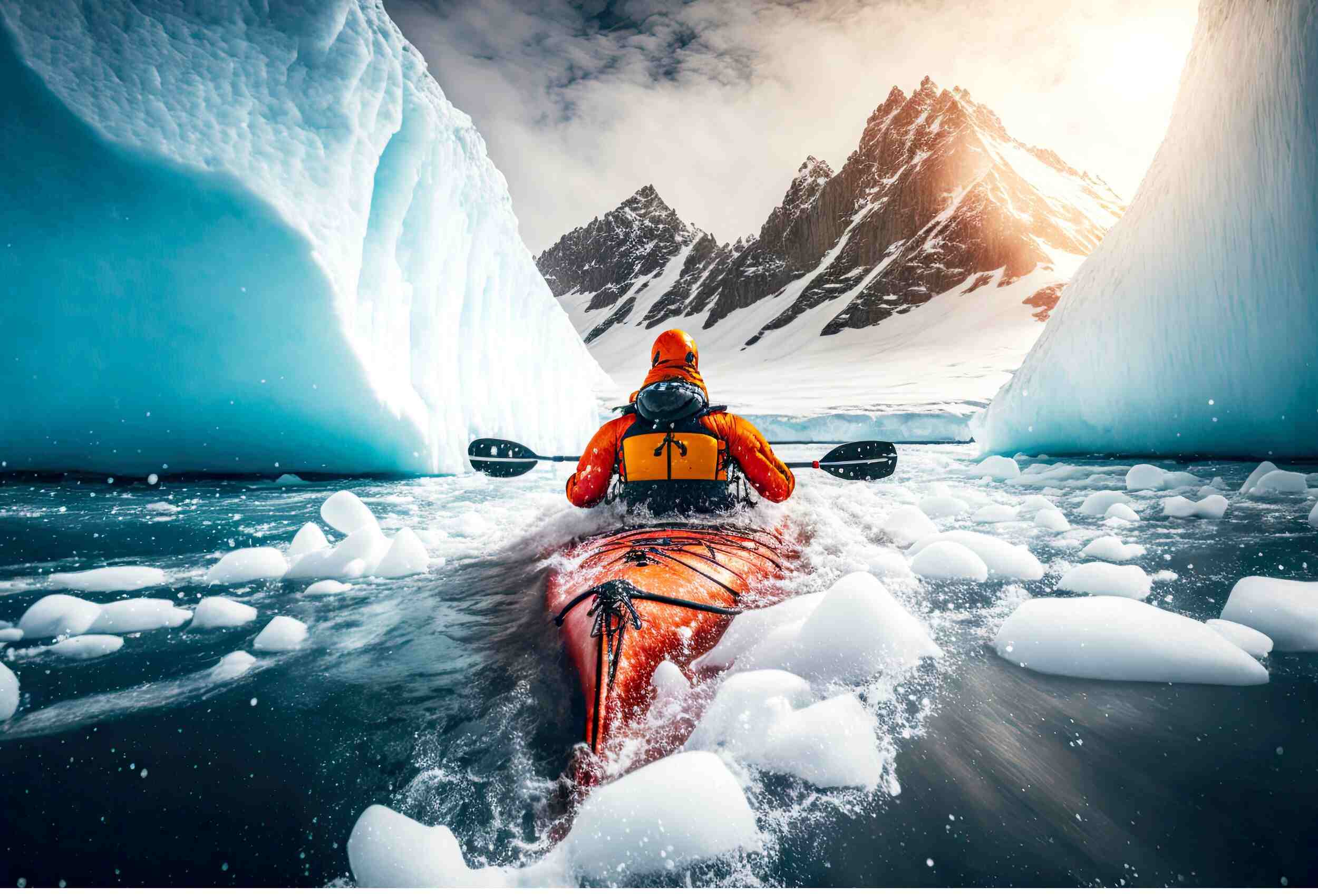 sea kayaking in winter between glaciers