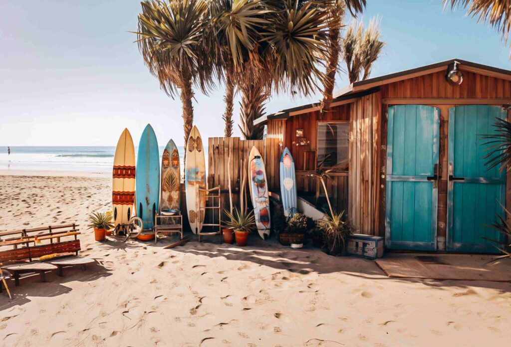 A beautiful photo of a sandy beach on the ocean, with palm trees standing in the background of the surfboards in the background of the house