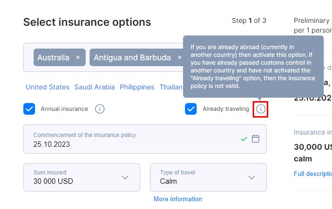 picture showing how to open an additional service description in the insurance calculator